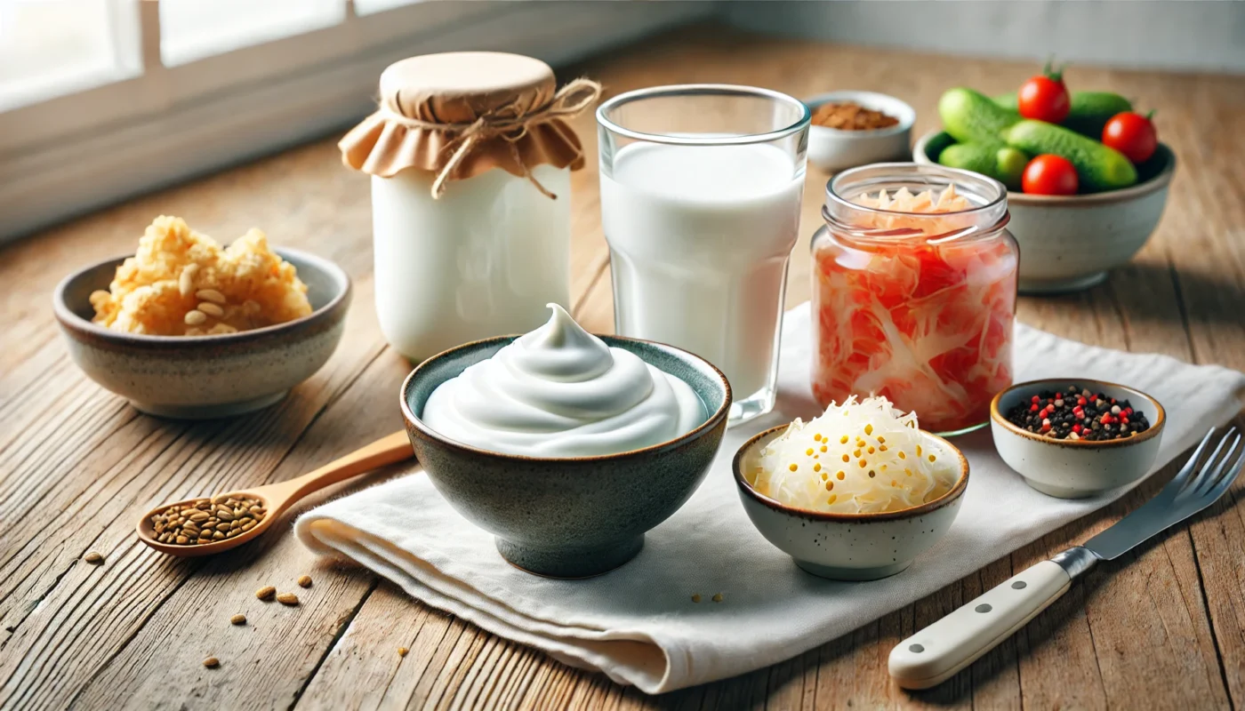 A visually appealing arrangement featuring probiotic-rich foods such as a bowl of plain yogurt, a glass of kefir, kimchi in a small dish, and sauerkraut, placed on a clean wooden table with natural lighting. Highlights natural remedies for hypertension.