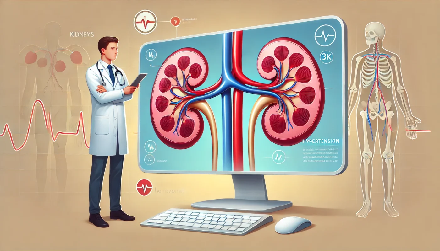 A professional and clean widescreen horizontal illustration depicting two kidneys with visible arteries and veins, showcasing the effects of hypertension on kidney health and blood flow, designed for educational and medical insights.