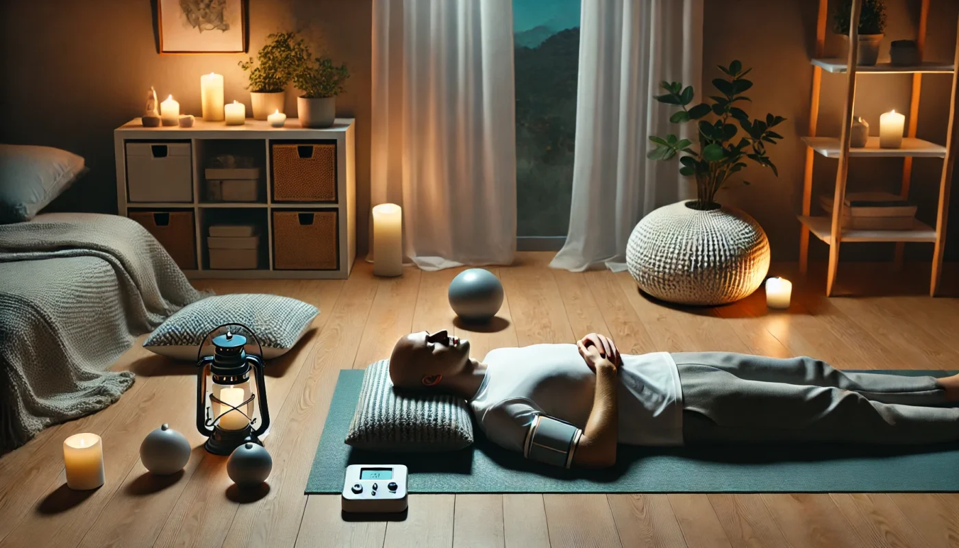 A tranquil indoor scene showing an individual practicing progressive muscle relaxation on a yoga mat in a softly lit room. The space includes calming elements such as candles, pillows, and gentle lighting, emphasizing stress reduction techniques in Cognitive Behavioral Therapy for hypertension.