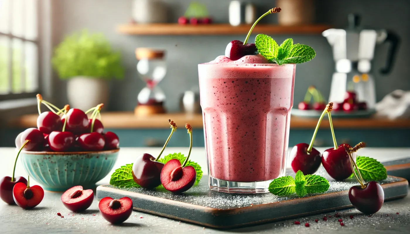 A refreshing cherry smoothie in a glass, garnished with a cherry on top, placed on a modern kitchen countertop alongside fresh cherries and a sprig of mint, illustrating their anti-inflammatory benefits.