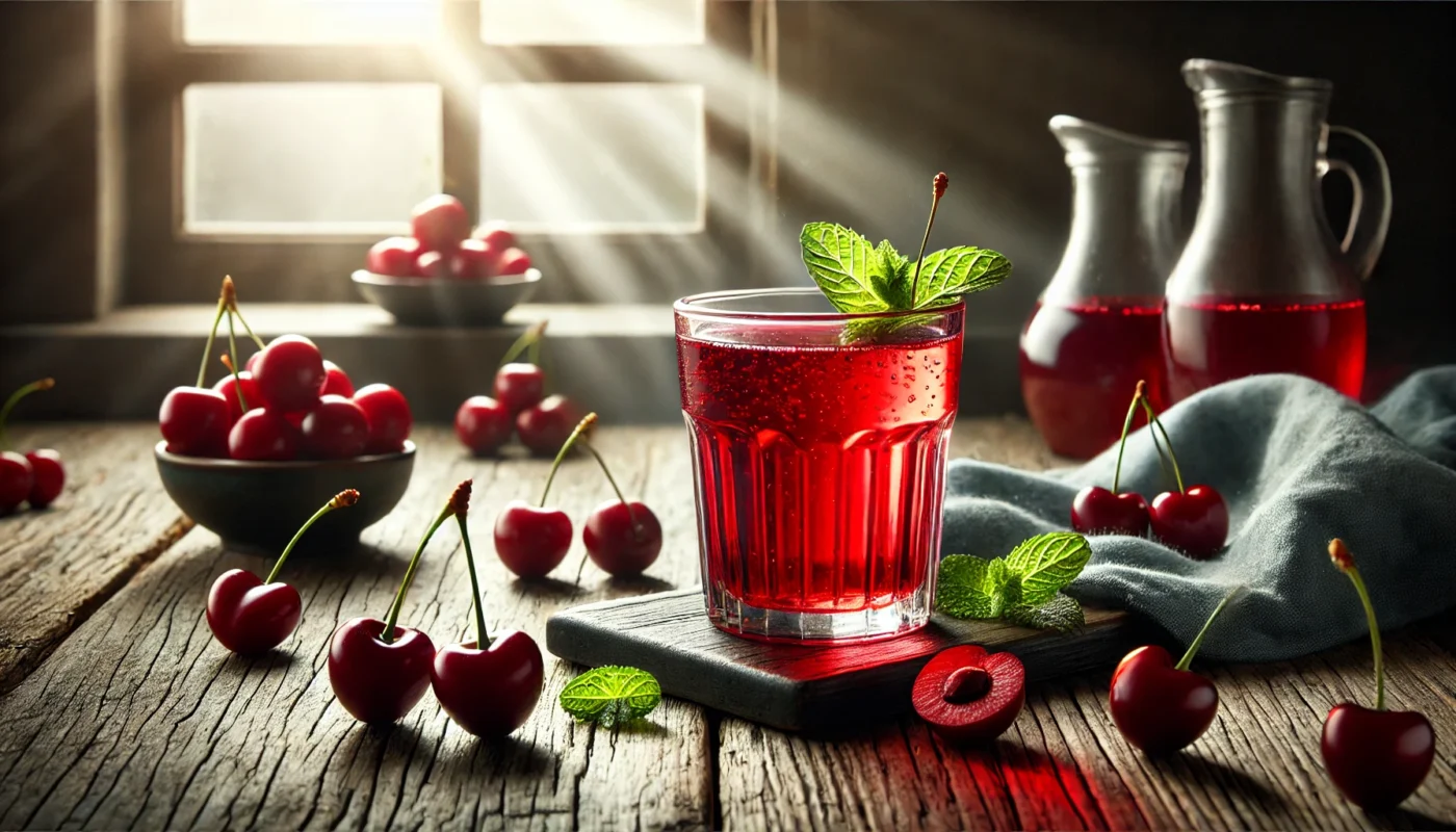 A widescreen image of a refreshing glass of tart cherry juice placed on a wooden table, surrounded by fresh tart cherries, highlighting its natural anti-inflammatory benefits for arthritis management.