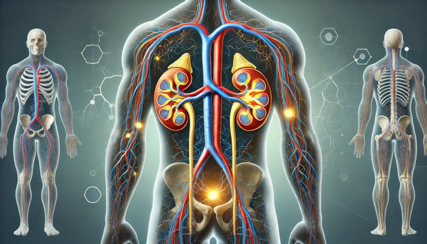 An artistic depiction of the human renal arteries with highlighted sympathetic nerve pathways, showcasing the target areas for renal denervation. The design is educational and medical, with no text or letters.