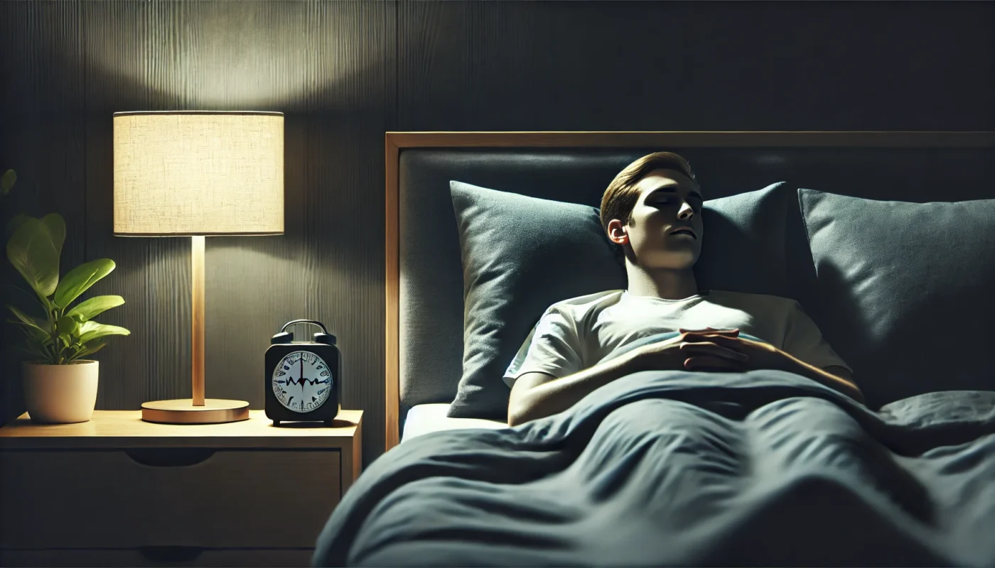 A person lying in bed with a calm expression in a darkened bedroom, with soft lighting from a bedside lamp. The setting emphasizes restful sleep and minimizing sleep disturbances, ultimately helping manage hypertension and sleep paralysis.