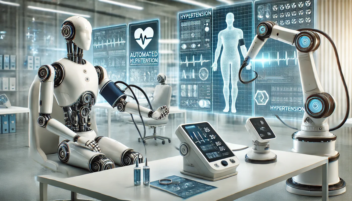 A futuristic medical environment featuring robotic arms analyzing a patient’s blood pressure with advanced AI-powered devices. The clean, modern clinic showcases high-tech digital health monitors, emphasizing the connection between hypertension and robotics.