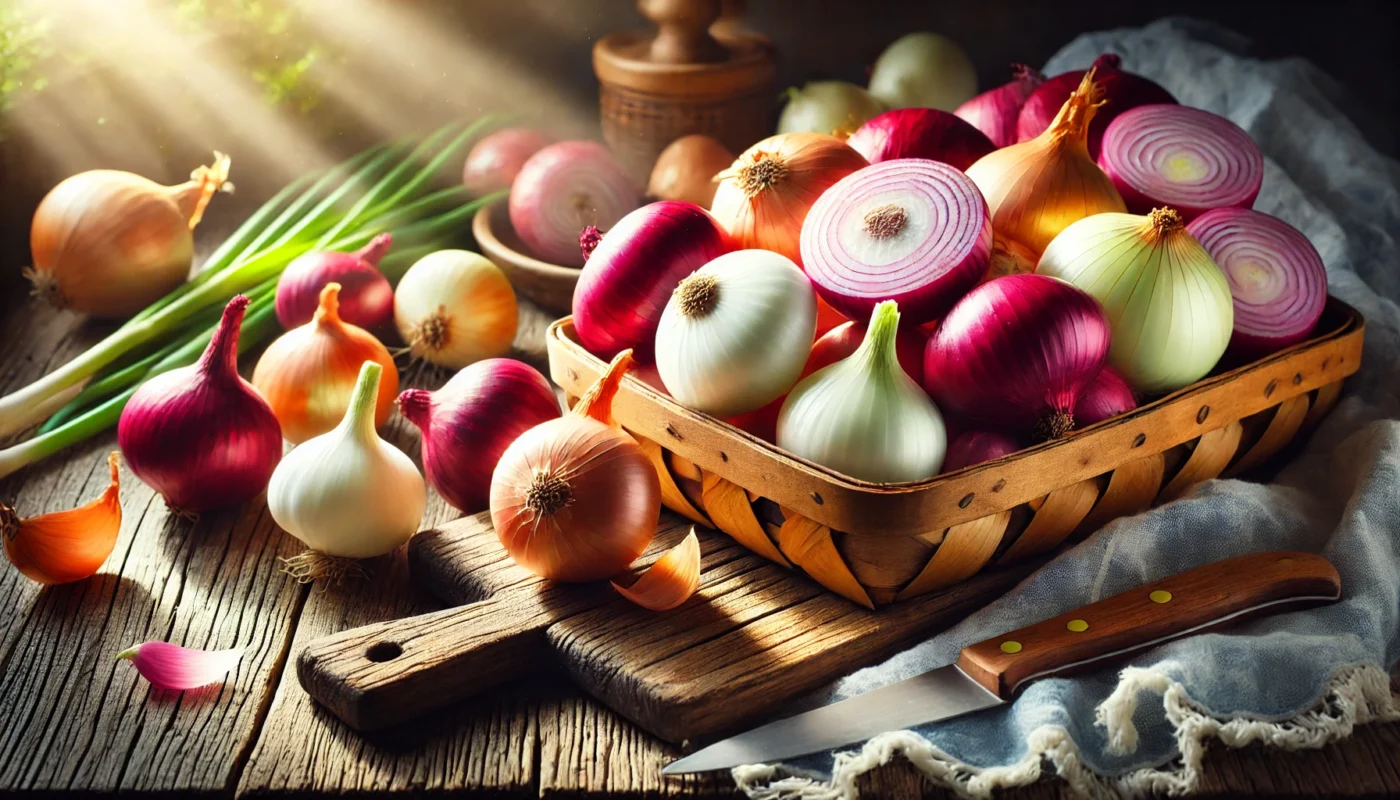 Are onions an inflammatory food? This is a vibrant, widescreen horizontal image showcasing fresh onions of various types—red, white, and yellow—arranged in a rustic wooden basket, with sunlight filtering through and a wooden cutting board and knife nearby, representing their preparation for anti-inflammatory meals.