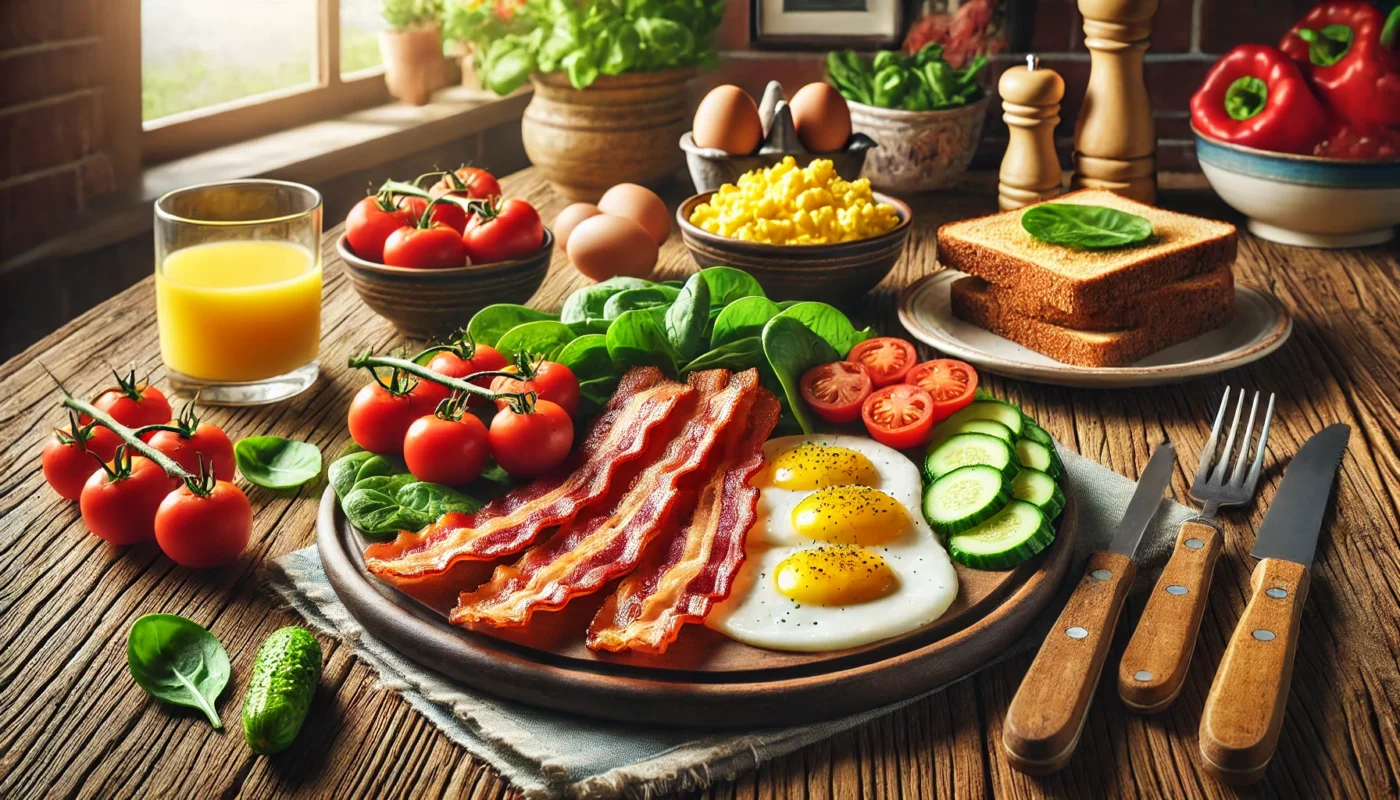 Does turkey bacon cause inflammation? This is a vibrant, widescreen image showcasing a rustic breakfast table with turkey bacon strips, scrambled eggs, whole grain toast, and fresh vegetables including tomatoes and spinach, under warm natural lighting in a cozy kitchen setting.