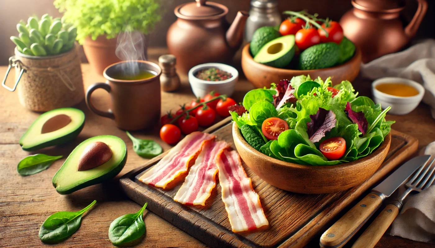 A vibrant, widescreen image showcasing a rustic kitchen table with a wooden plate holding turkey bacon strips next to a bowl of fresh mixed greens, avocados, and cherry tomatoes. The setting features a warm, natural lighting ambiance with a soft focus on a steaming mug of herbal tea in the background, emphasizing healthy and anti-inflammatory food choices.