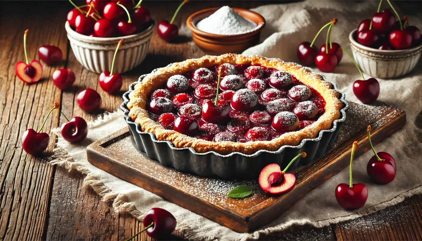 A baked dessert featuring cherries, such as a cherry clafoutis or tart, presented in a rustic baking dish on a wooden table, with fresh cherries and powdered sugar as garnish, highlighting their use in anti-inflammatory recipes.