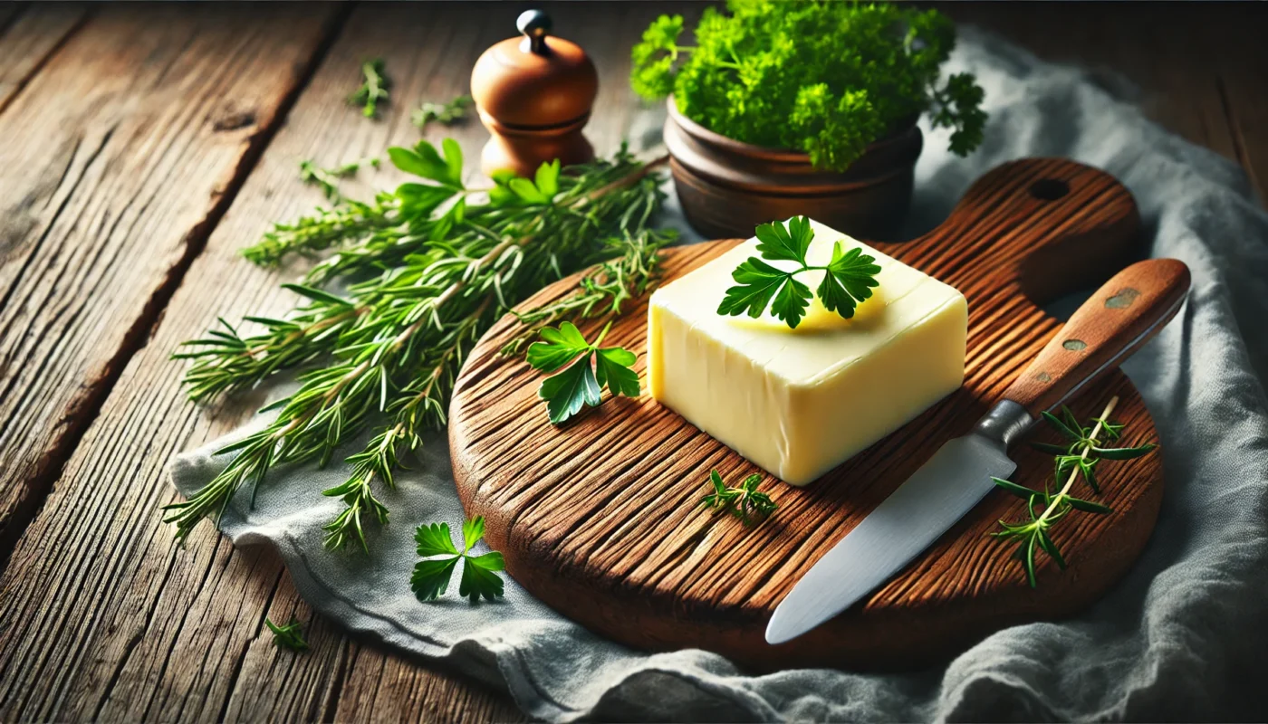 Do you know what the connection between butter and inflammation is? This is a rustic kitchen table showcasing fresh butter on a wooden board, garnished with parsley and surrounded by rosemary and thyme, emphasizing the natural and wholesome qualities of butter in a health-focused setting.