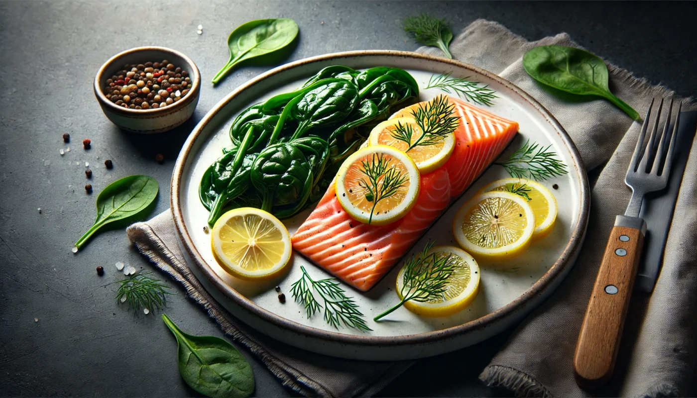 A widescreen image of a freshly cooked salmon fillet served on a white ceramic plate, garnished with lemon slices and dill, alongside a side of sautéed spinach. The presentation highlights the role of Omega-3 fatty acids and Vitamin A in promoting gut health and reducing inflammation.