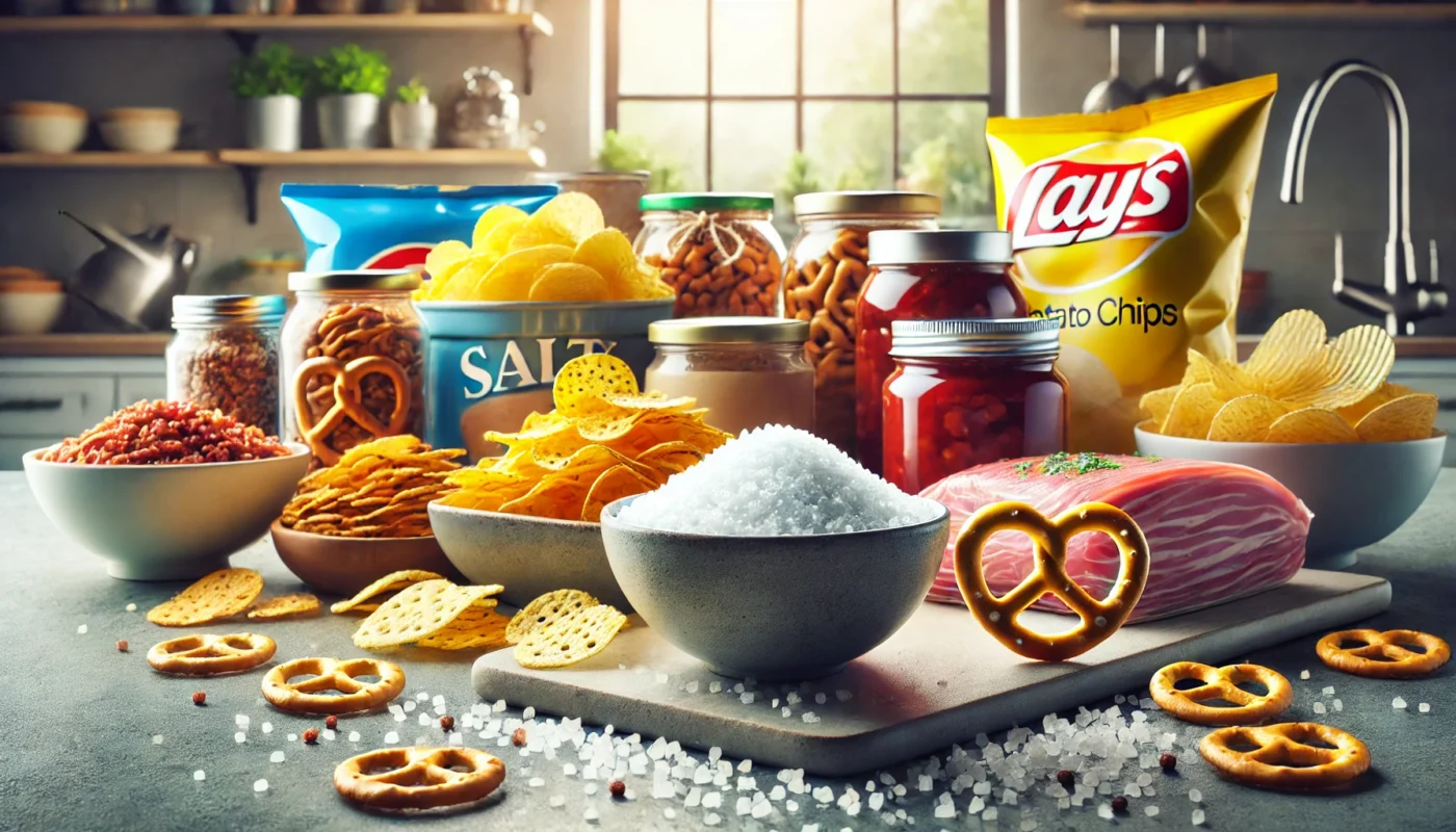 Are salty foods inflammatory? This image shows a modern kitchen countertop filled with salty food items like potato chips, pretzels, canned soups, and preserved meats, well-lit by natural light from a large window. A small bowl of sea salt sits prominently in the foreground on a sleek gray countertop.