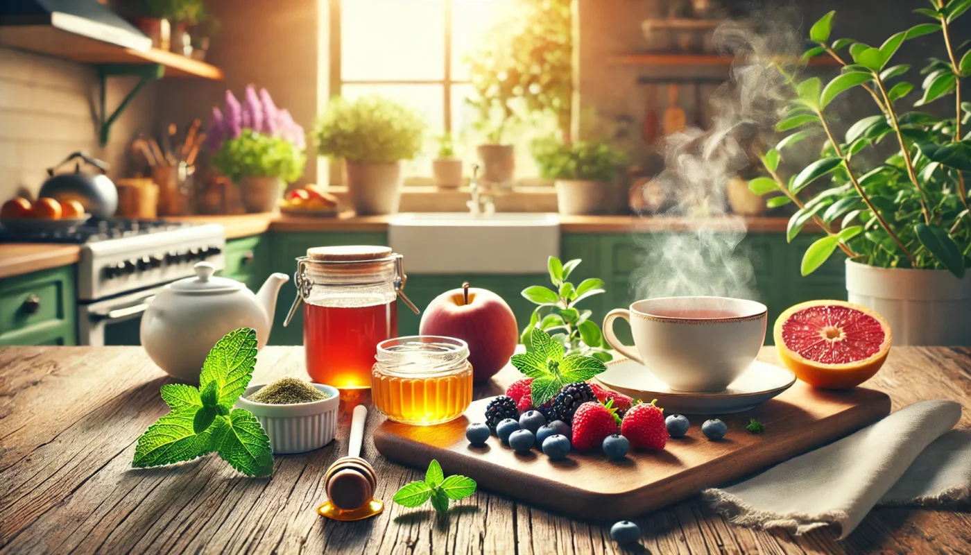 A vibrant, widescreen image featuring a serene kitchen setup with a steaming cup of herbal tea, fresh fruit, and a small container of natural sweeteners like stevia leaves and honey. Warm sunlight streams through a nearby window, illuminating the modern kitchen with wooden accents and subtle greenery, reflecting a cozy, health-conscious lifestyle.