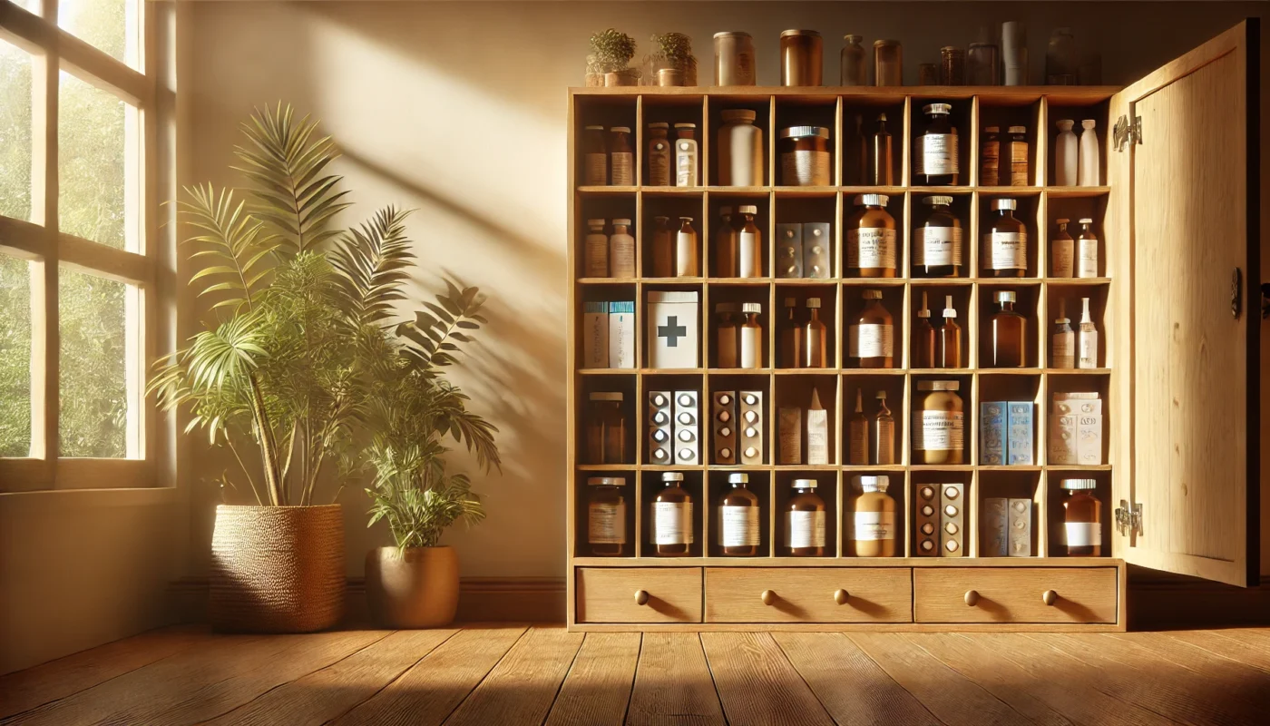 Is aspirin an NSAID? This is a high-resolution widescreen image of a serene home medicine cabinet. The cabinet is neatly organized with various health essentials, including over-the-counter medications, natural remedies, and first-aid supplies, set against a clean, minimalist background.