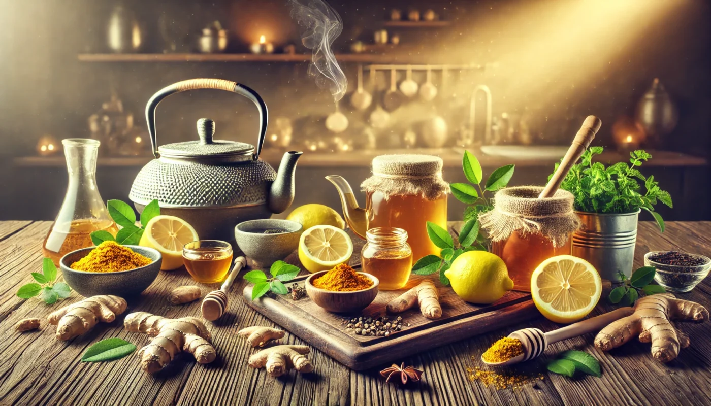 A high-resolution widescreen image of a serene kitchen setup displaying an array of natural anti-inflammatory ingredients such as turmeric, ginger, honey, lemon, and green tea leaves arranged on a rustic wooden countertop with a steaming kettle in the background, creating a warm and inviting ambiance.