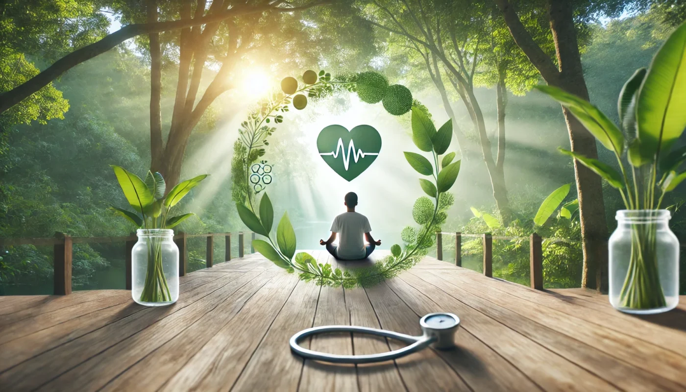 A peaceful and conceptual landscape illustration showing a person meditating outdoors in a serene environment, symbolizing the role of stress management and lifestyle changes in reducing the risks of hypertension and cancer.