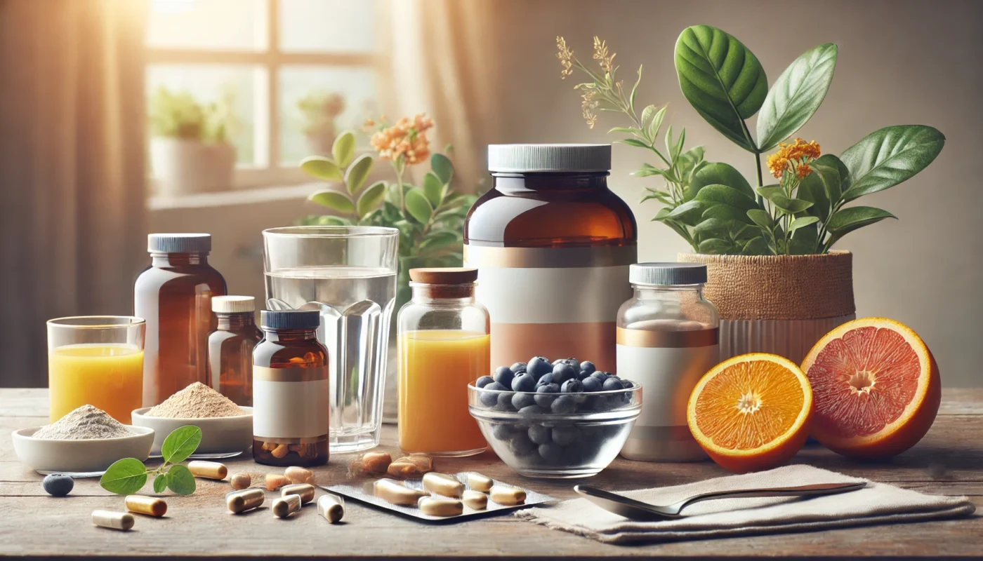 A serene, text-free, high-resolution widescreen image showcasing a close-up of a table arranged with natural supplements for muscle recovery, including capsules, powders, and liquids, accompanied by fresh fruits, a glass of water, and a potted plant in a softly blurred background.