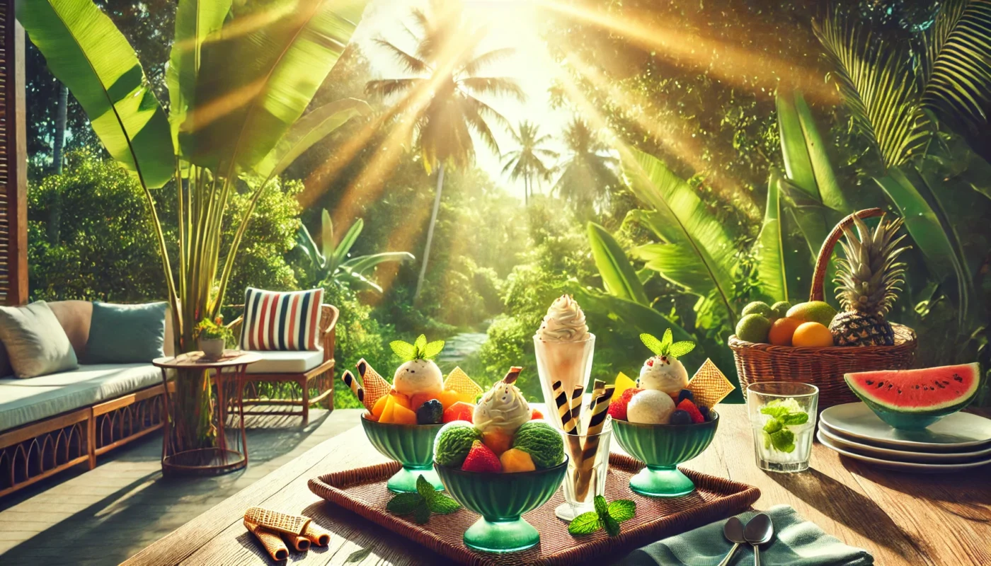 A vibrant widescreen image of a serene outdoor patio featuring a beautifully arranged table with bowls of artisan ice cream served with fresh fruits, mint leaves, and wafer sticks, surrounded by lush greenery and natural sunlight casting a warm glow on the scene.