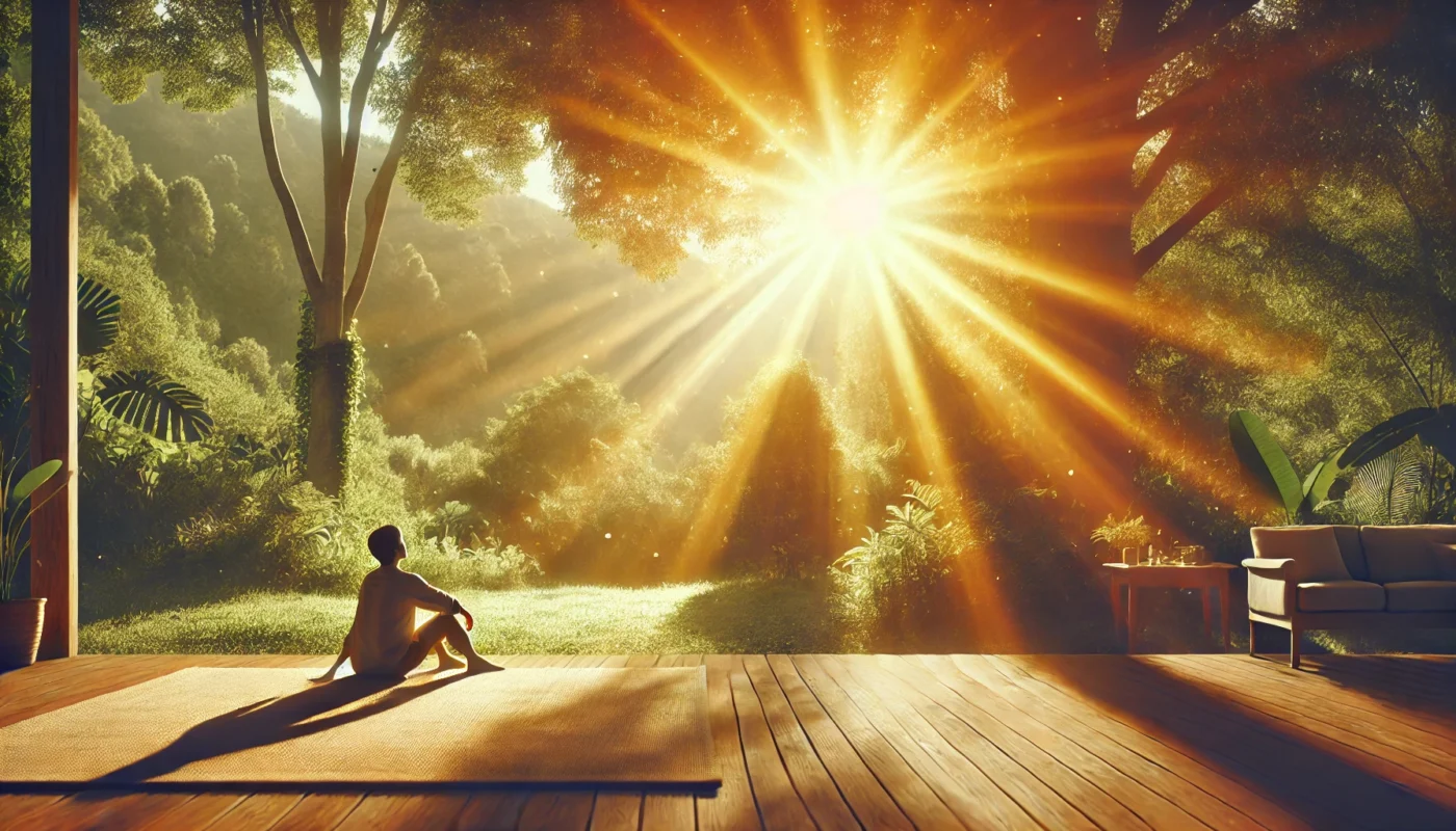 Does vitamin d help with inflammation? This is a high-resolution widescreen image of a serene outdoor setting with a person soaking up morning sunlight, surrounded by lush greenery, symbolizing natural vitamin D absorption.