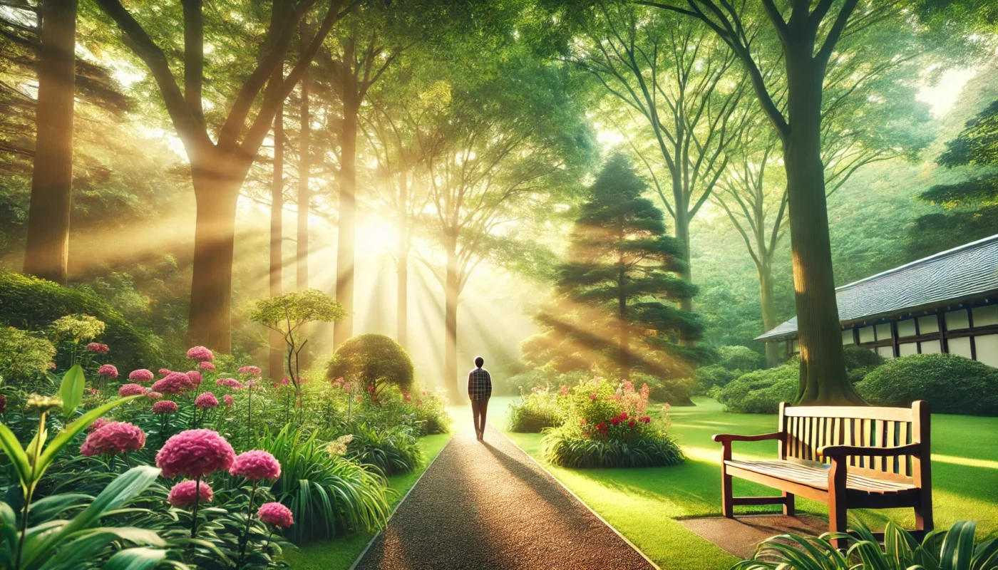 A tranquil, widescreen horizontal image of a person walking along a gravel path in a lush, green park, surrounded by vibrant flowers, tall trees, and sunlight filtering through the leaves. The scene evokes a peaceful ambiance. This is one of the best hypertension-friendly hobbies, perfect for reducing stress and supporting hypertension management.