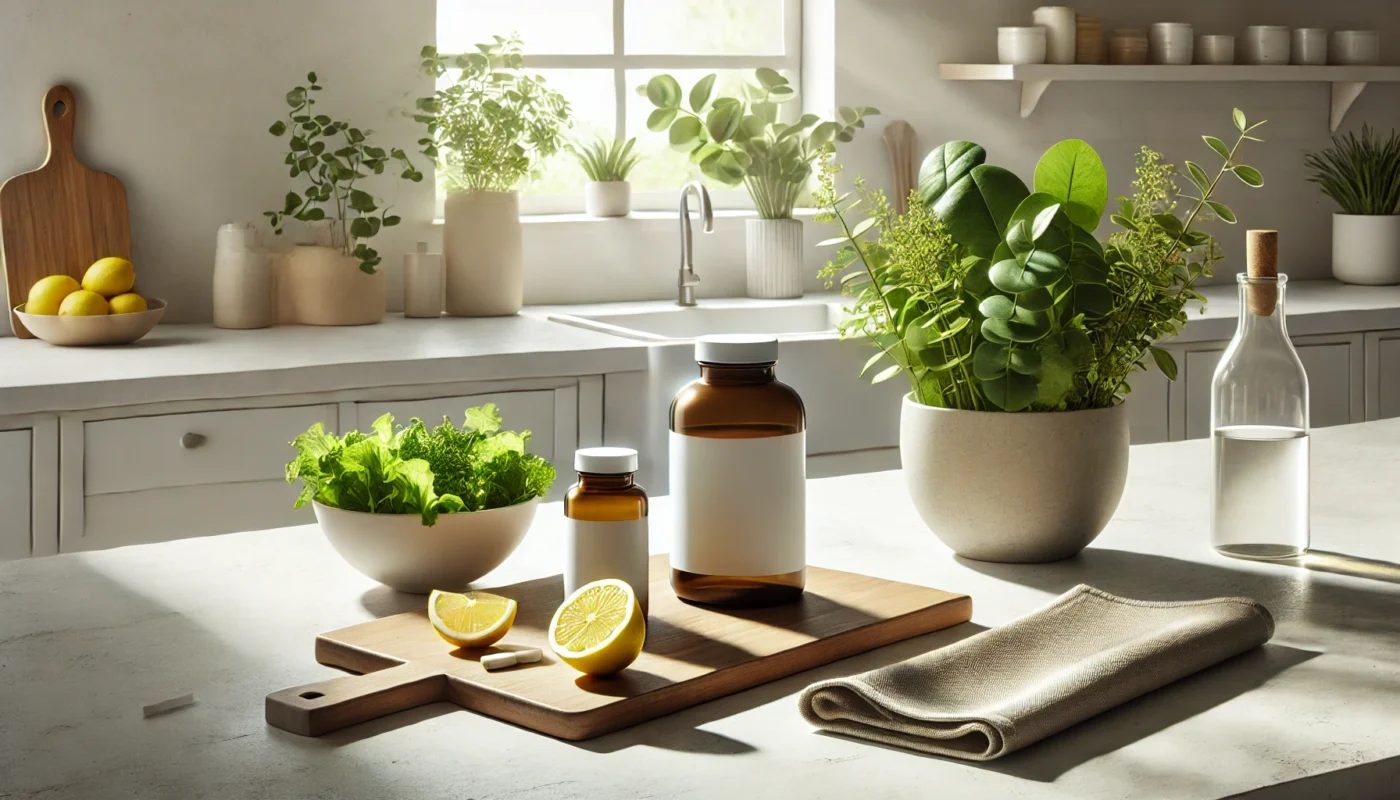 A serene, text-free, high-resolution widescreen image showing a collection of natural supplements and ingredients such as leafy greens, nuts, and turmeric powder. The setup includes warm lighting and a calming backdrop, evoking a sense of wellness and holistic recovery, perfect for illustrating articles on muscle stiffness relief.