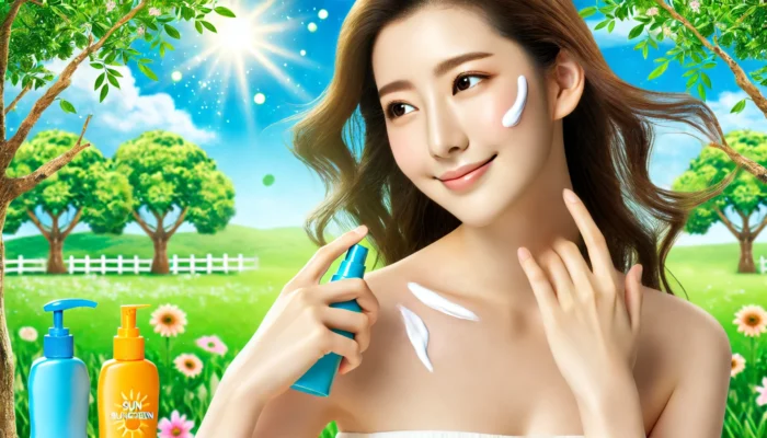 A woman applying sunscreen to her face outdoors on a sunny day, surrounded by green trees and blue skies. The image highlights the importance of sun protection as part of skin care in the summer season.