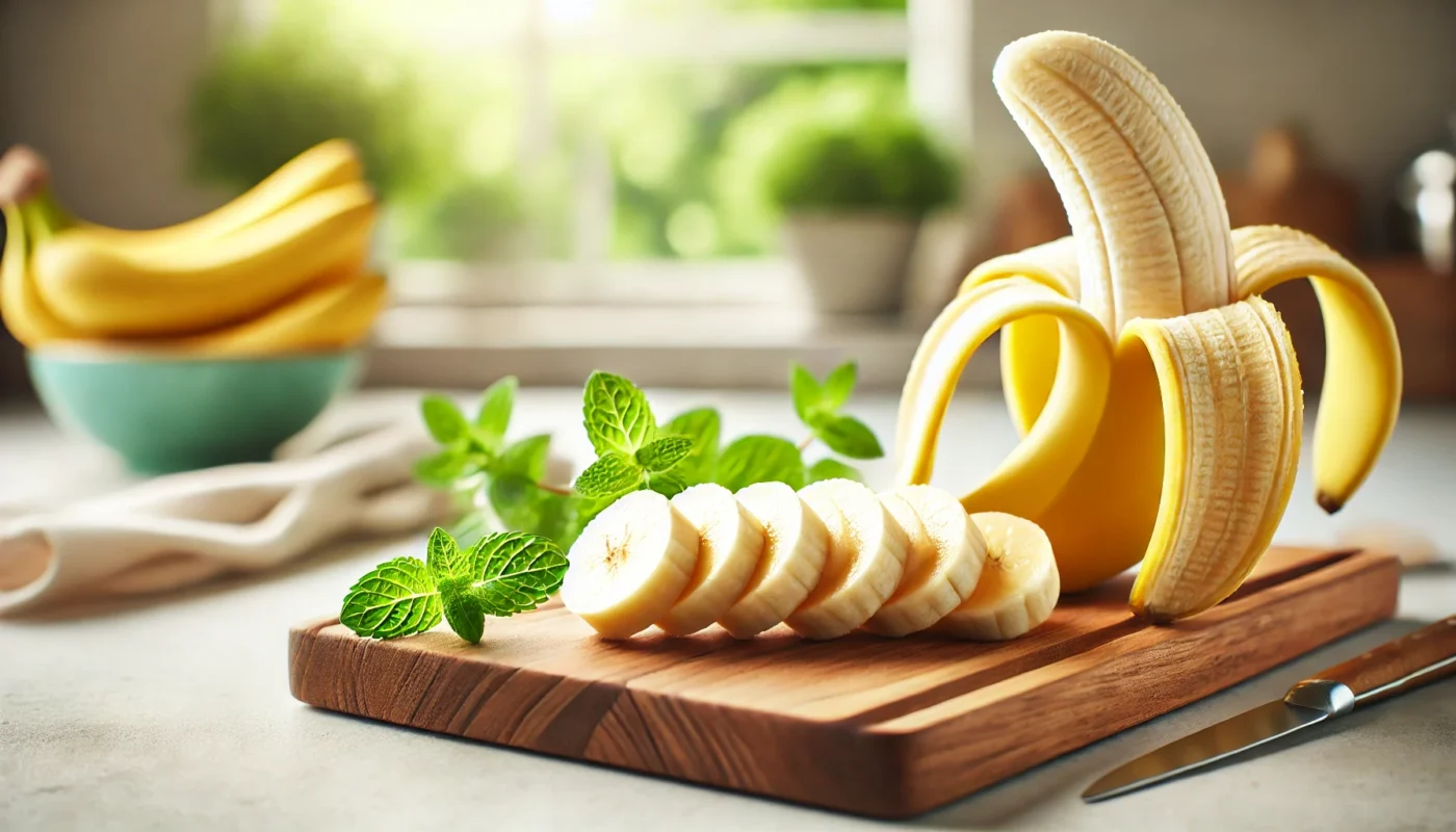 A vibrant, widescreen horizontal image showing a sliced banana on a clean wooden cutting board. The slices are arranged neatly, complemented by a sprig of fresh mint, with a bright and airy natural kitchen setting in the background. The composition emphasizes the freshness and versatility of bananas in dietary contexts.