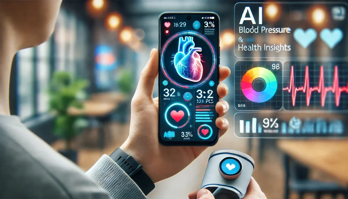 A person holding a smartphone with a health app interface displaying blood pressure data and AI-generated insights in vibrant colors, set against a blurred indoor background.