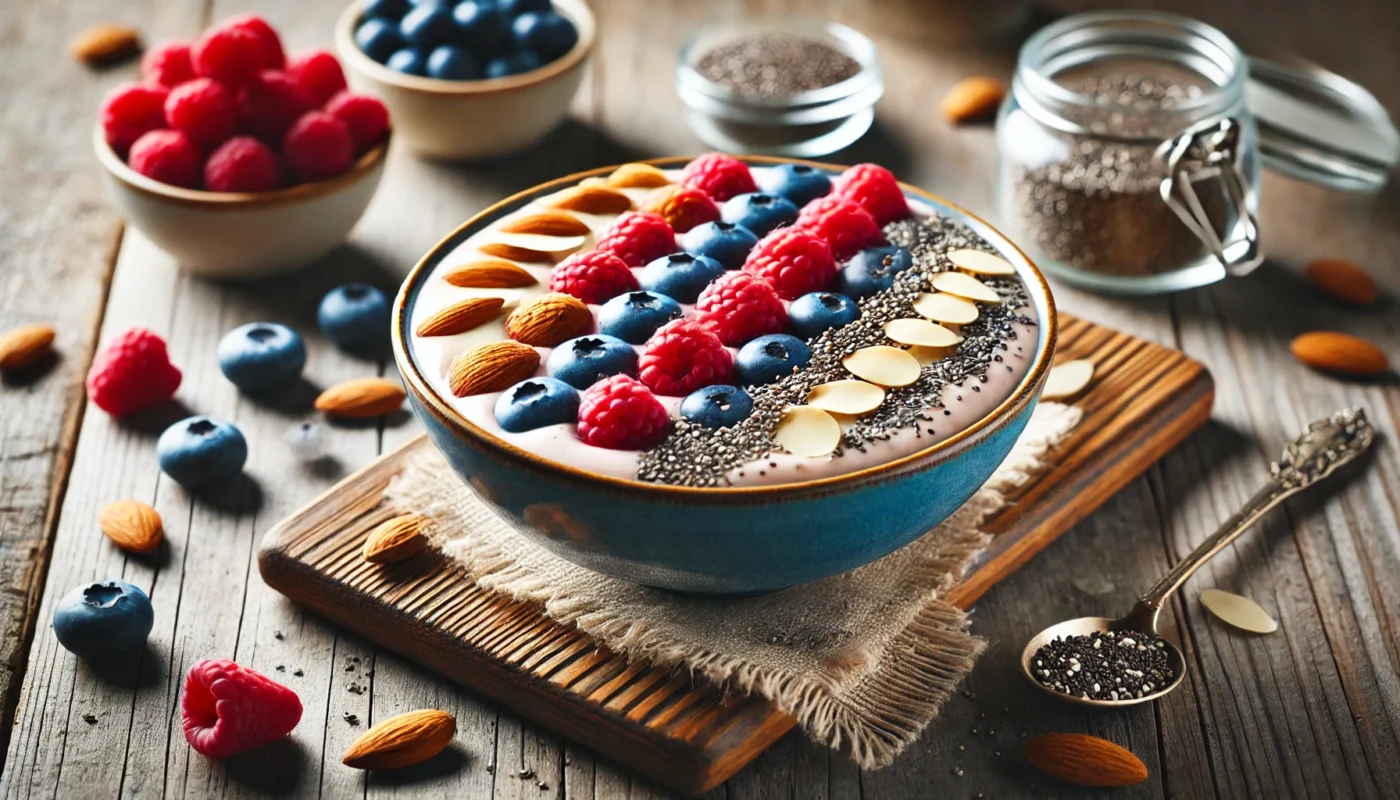 A vibrant, widescreen horizontal image showcasing a fresh and colorful smoothie bowl tailored for a low-carb and anti-inflammatory diet. The bowl features a creamy yogurt base, topped with sliced almonds, chia seeds, fresh blueberries, and raspberries, with a rustic wooden table and a jar of nuts in the background.