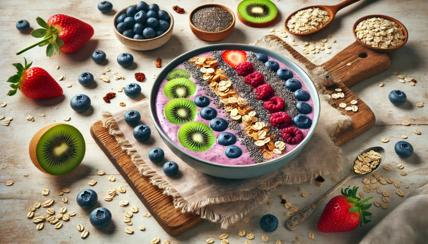 A widescreen image of a healthy smoothie bowl made with oats, topped with fresh kiwi, blueberries, and granola. The bowl sits on a light wooden table surrounded by scattered oats and chia seeds, emphasizing its anti-inflammatory properties.