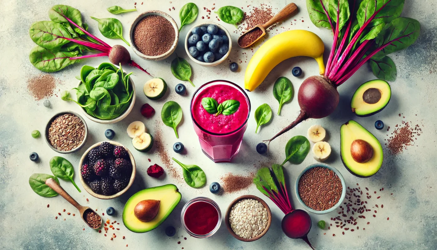 A vibrant arrangement of spinach, bananas, berries, beets, flaxseeds, and avocados surrounding a glass of freshly blended smoothie. Set on a clean kitchen counter to highlight the health and freshness of these hypertension-managing smoothie ingredients.