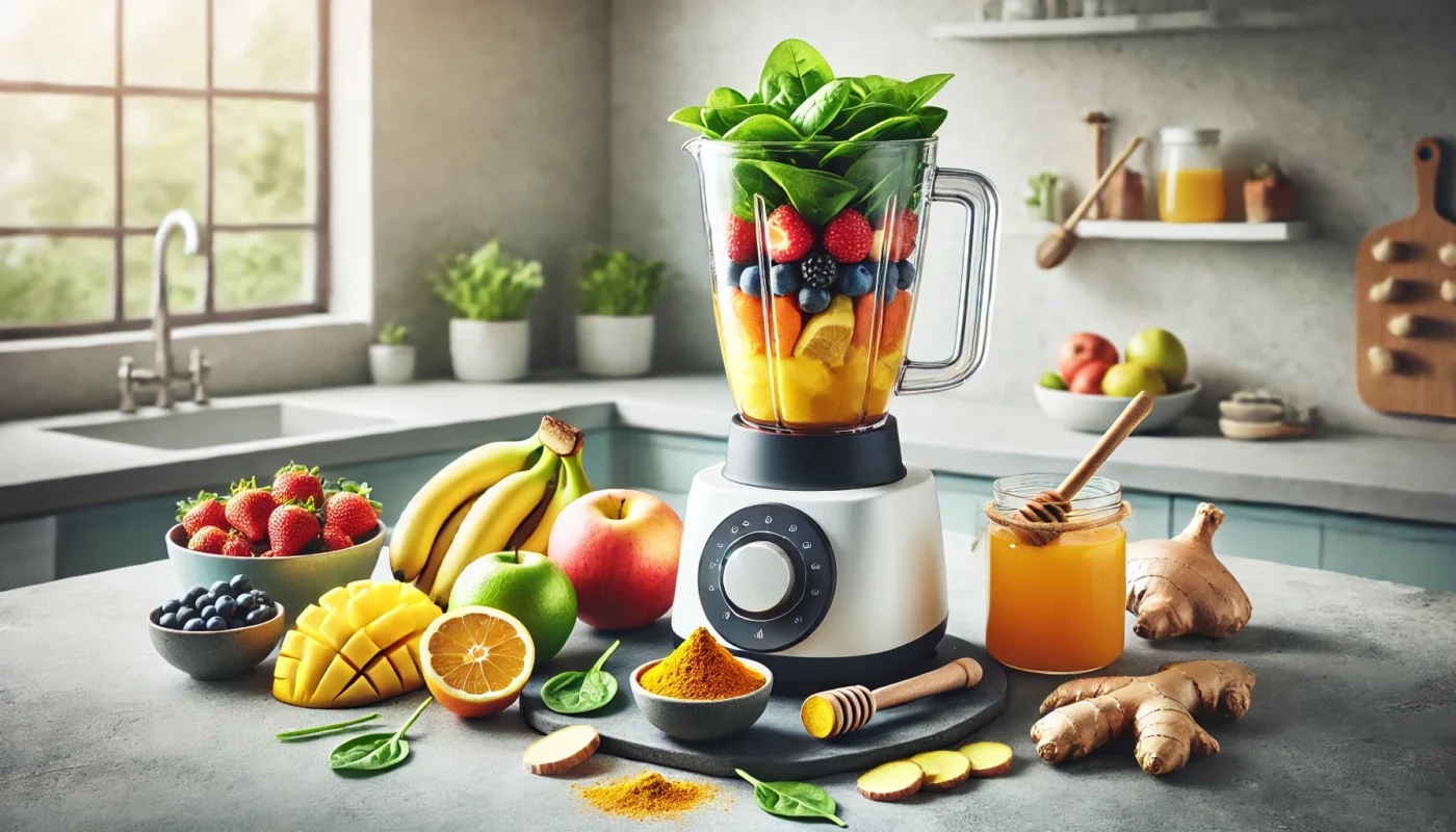 A widescreen image of a health-oriented smoothie preparation setup featuring a blender filled with colorful fruits, spinach, and turmeric powder. Surrounding the blender are ginger root, lemon slices, and a small bowl of honey, set against a bright and minimalistic kitchen background symbolizing vitality and natural health.