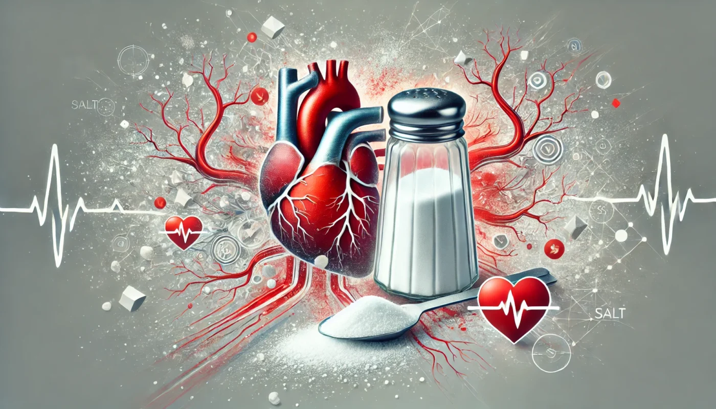 An artistic representation of the impact of sodium on blood pressure, featuring salt spilling from shakers and packets, overlaid with abstract blood vessel imagery and a red heart symbol. Highlights the connection between high sodium intake and hypertension.