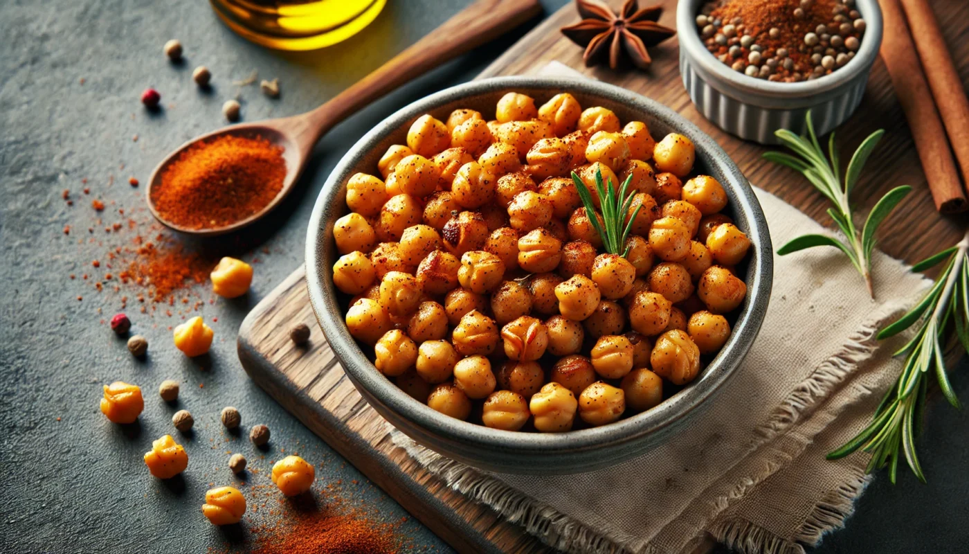 A widescreen image of roasted chickpeas served in a small bowl, seasoned with paprika, cumin, and olive oil. The kitchen counter features scattered spices and a wooden spoon, highlighting this healthy and anti-inflammatory snack option.