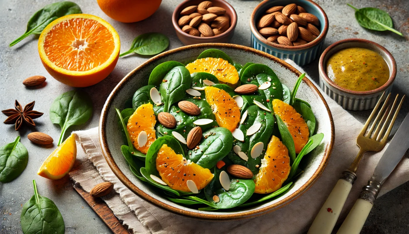 A vibrant spinach salad with sliced almonds, orange segments, and a light vinaigrette dressing, served in a ceramic bowl on a rustic table, showcasing a fresh anti-inflammatory meal.