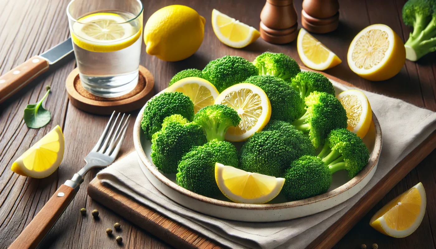 A widescreen image of freshly steamed broccoli served on a white ceramic plate, garnished with lemon slices. The wooden table setting includes a glass of water and a fork, emphasizing broccoli as a Vitamin C-rich vegetable for reducing inflammation naturally.