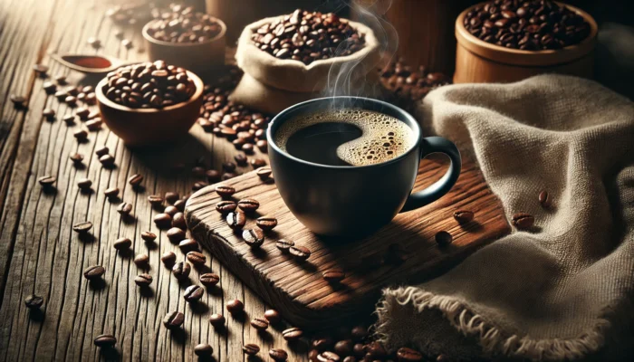 Is coffee good for inflammation? This is a widescreen image of a steaming cup of black coffee served in a white ceramic mug, placed on a wooden table with warm natural lighting, surrounded by scattered coffee beans. Perfect for illustrating the potential anti-inflammatory benefits of coffee in an inviting and comforting setting.