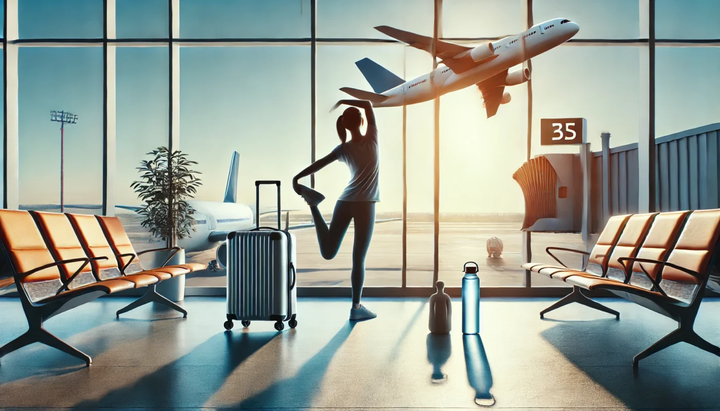 A serene travel scene showing a person stretching near a large airport window, with a carry-on suitcase and a reusable water bottle nearby. Airplanes and a sunny sky in the background highlight health and activity while traveling for hypertension management.