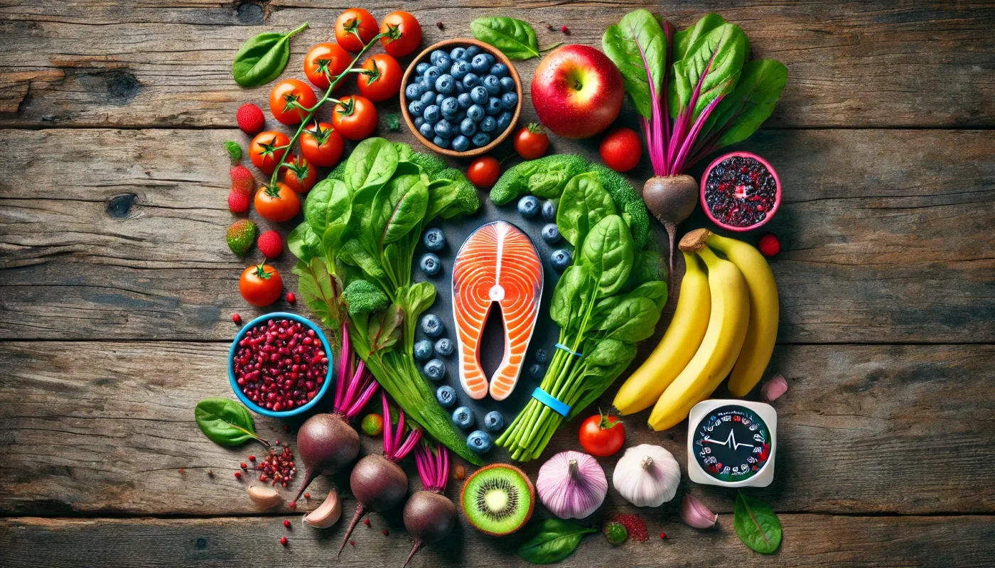 A vibrant assortment of superfoods beneficial for managing hypertension, including spinach, blueberries, beets, salmon, bananas, and garlic, displayed on a rustic wooden table. The arrangement emphasizes the importance of nutrient-dense, heart-healthy foods in blood pressure management.