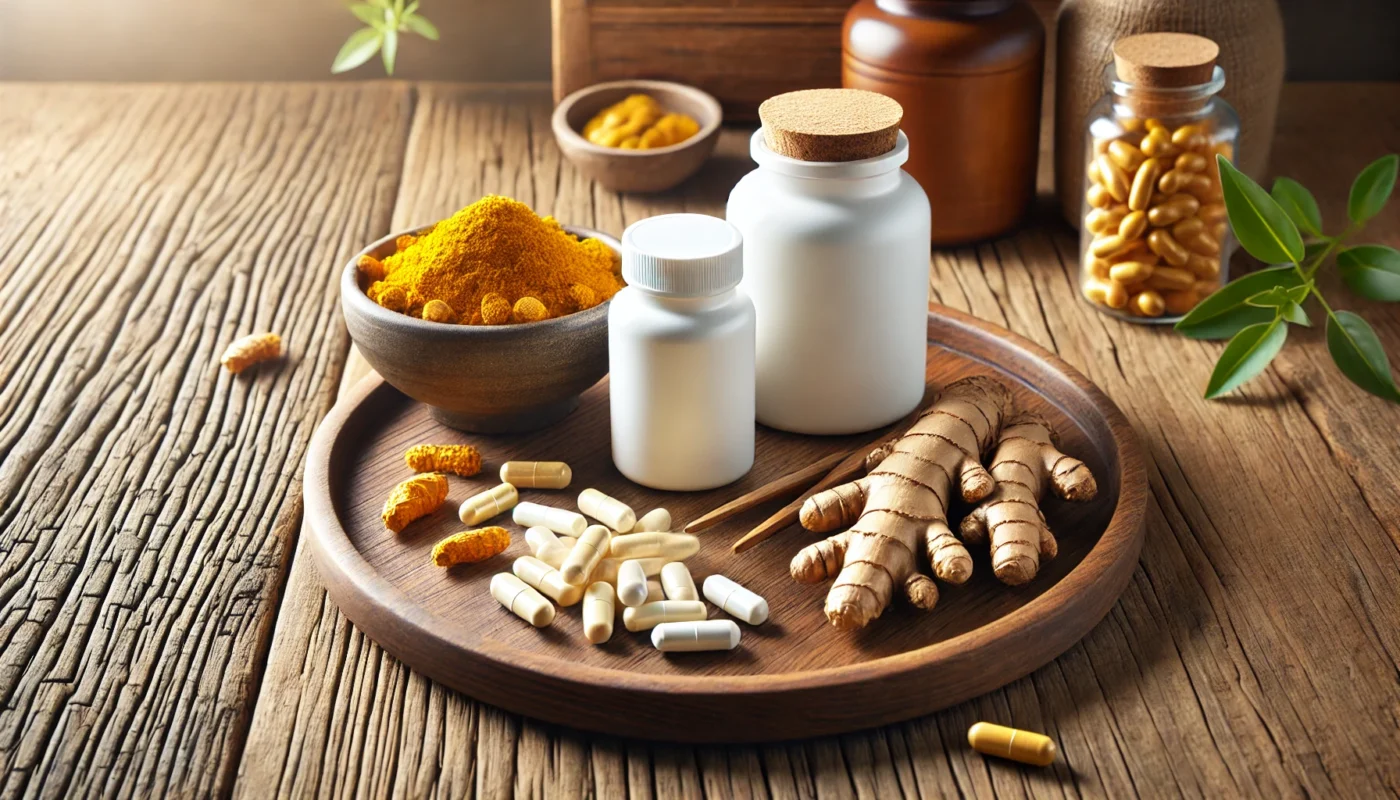 A high-resolution, text-free, widescreen image featuring various natural supplements for osteoarthritis, including capsules, powders, and herbal ingredients, elegantly displayed on a clean wooden surface, symbolizing holistic health and osteoarthritis relief.