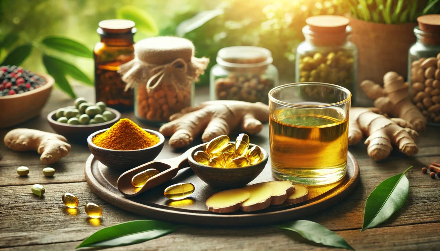 What are the best supplements for RA? This is a serene, text-free image featuring a rustic wooden table adorned with bowls of turmeric powder, fish oil capsules, and ginger slices, complemented by a glass of green tea, surrounded by natural greenery and bathed in warm light.