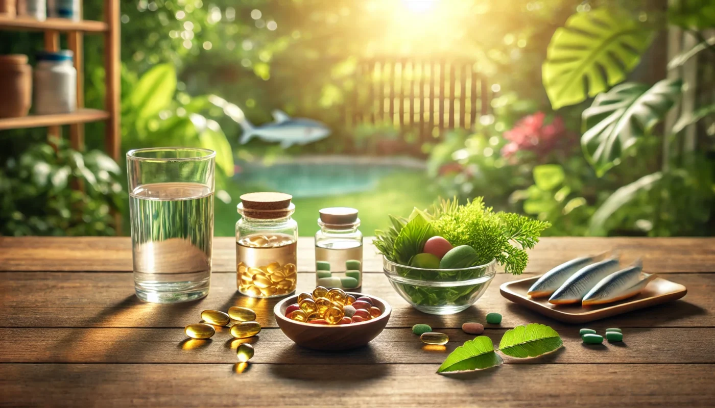 A serene, text-free, high-resolution image showing a variety of supplements and vitamins for joint health on a wooden table. Items include small bowls of capsules, fish oil soft gels, leafy greens, and a glass of water, illuminated by soft natural sunlight with a blurred garden in the background.