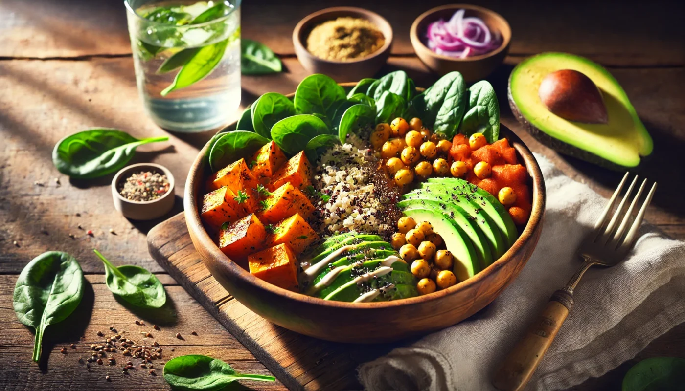 A vibrant, widescreen image showcasing a colorful sweet potato Buddha bowl with roasted sweet potatoes, quinoa, fresh spinach, avocado slices, chickpeas, and tahini dressing, placed on a rustic wooden table with natural sunlight highlighting the fresh, anti-inflammatory ingredients.