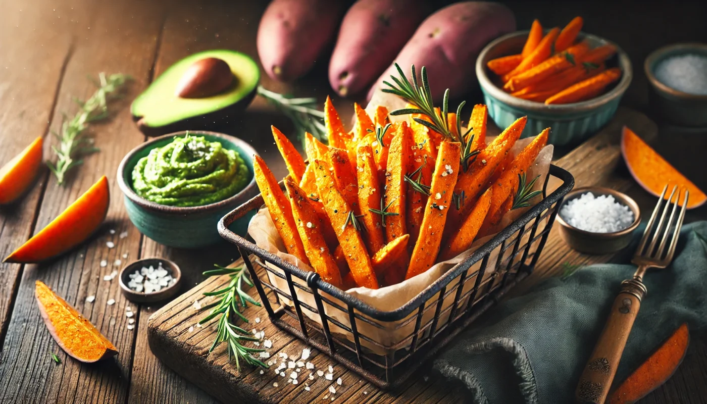 A vibrant, widescreen image featuring sweet potato fries served in a rustic metal basket. The fries are golden-orange, sprinkled with herbs like rosemary and coarse sea salt, accompanied by a small bowl of creamy avocado dip. The scene is set on a rustic wooden table adorned with fresh sweet potatoes and sprigs of rosemary, illuminated by warm natural light for a cozy dining ambiance.