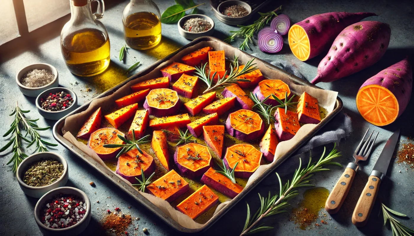 A vibrant, widescreen image featuring sliced and cubed sweet potatoes on a baking tray, seasoned with olive oil, rosemary, and spices. The tray is placed on a modern kitchen countertop, illuminated by natural light, showcasing the rich orange and purple hues of the sweet potatoes. Fresh herbs and a bottle of olive oil complete the inviting scene, emphasizing the anti-inflammatory benefits of sweet potatoes in culinary use.