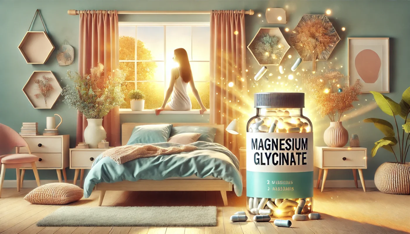 The benefits of magnesium glycinate for achieving calmer mornings. The composition features a serene individual waking