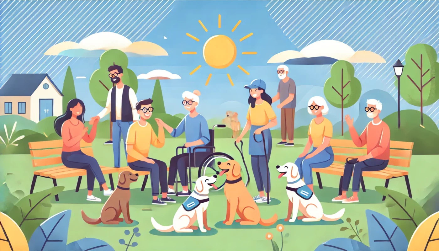 A cheerful outdoor scene featuring a group of people interacting with therapy dogs in a sunny park. The relaxed atmosphere highlights the therapeutic effects of pets for managing stress and hypertension, with no text or words in the image.