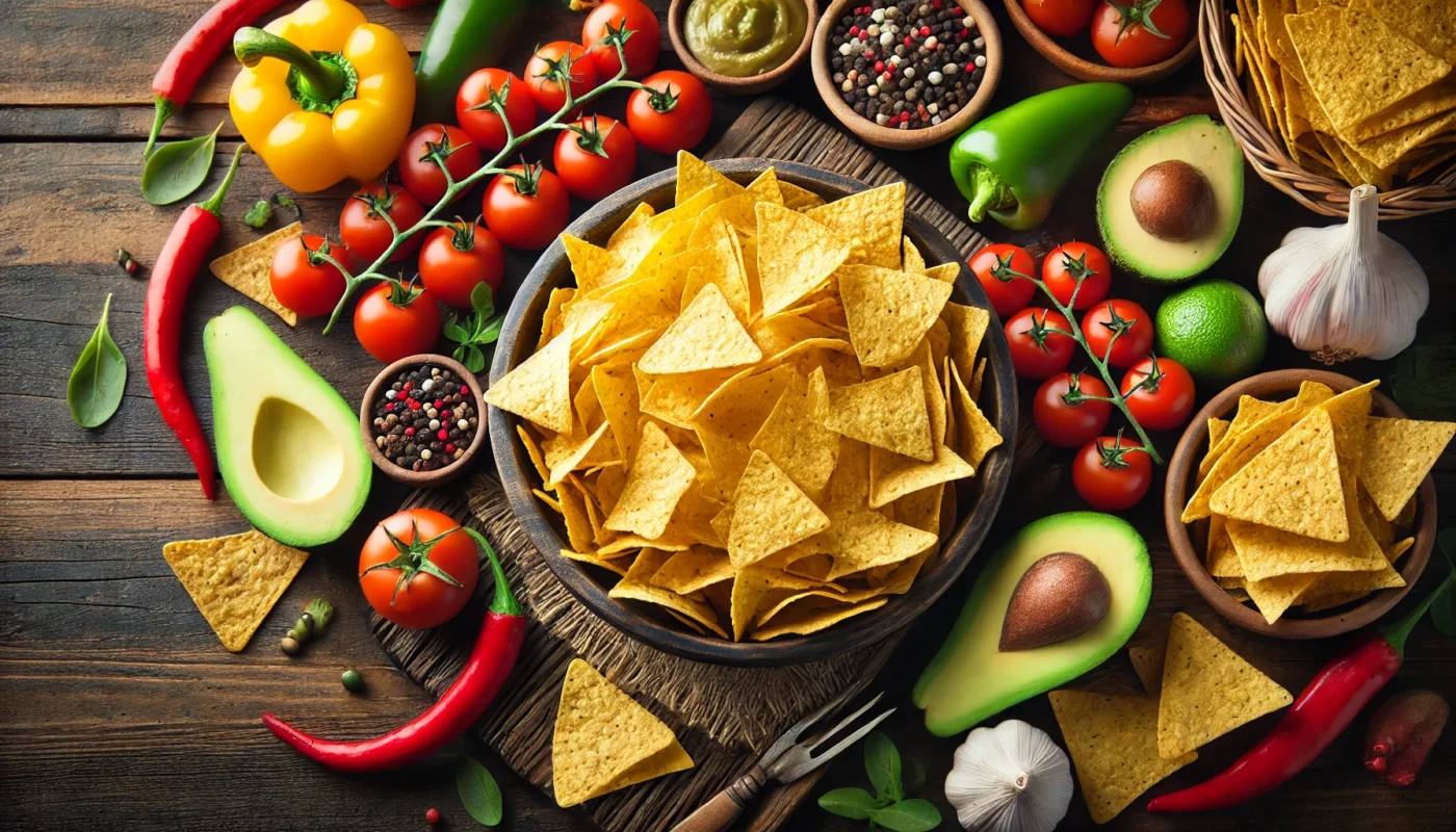 Are tortilla chips inflammatory? This is a widescreen image of a bowl of golden, crispy tortilla chips surrounded by fresh vegetables like tomatoes, avocados, and peppers on a rustic wooden table. The scene highlights the contrast between processed snacks and whole, natural foods, suitable for an article discussing whether tortilla chips are inflammatory.