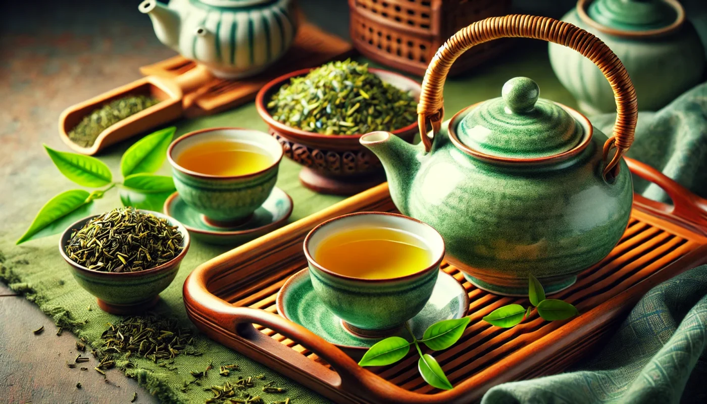 What's the best green tea for inflammation? This is a vibrant widescreen image of a traditional tea setup featuring a ceramic teapot and cup filled with freshly brewed green tea. Loose green tea leaves and a bamboo tray complete the serene setting, emphasizing green tea's cultural significance and anti-inflammatory benefits.