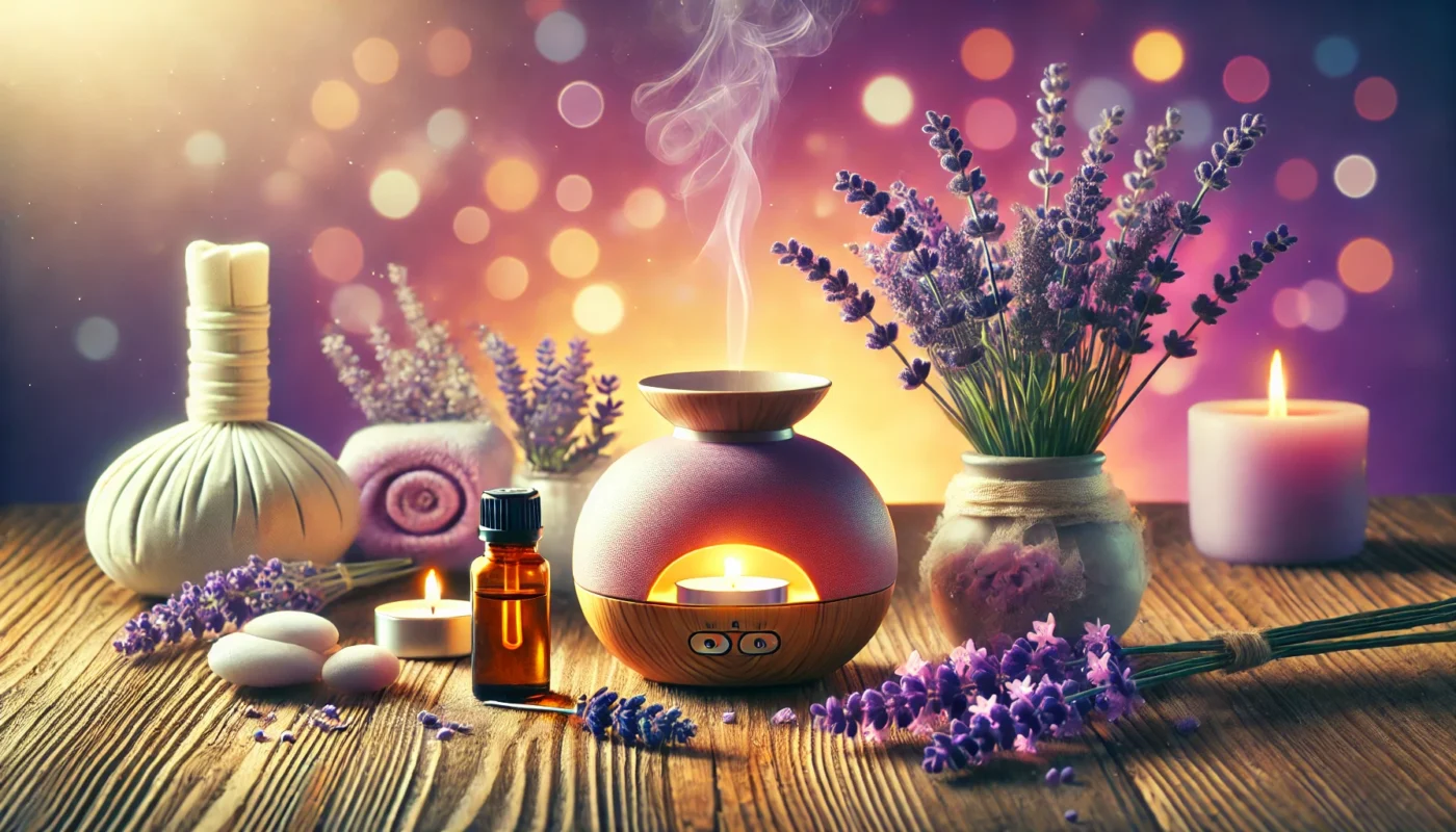 A vibrant, widescreen horizontal image of a serene spa setting showcasing a diffuser emitting lavender essential oil, a small bottle of ylang-ylang oil, fresh lavender flowers, and a warm, tranquil background. Perfectly aligned with natural remedies for hypertension.