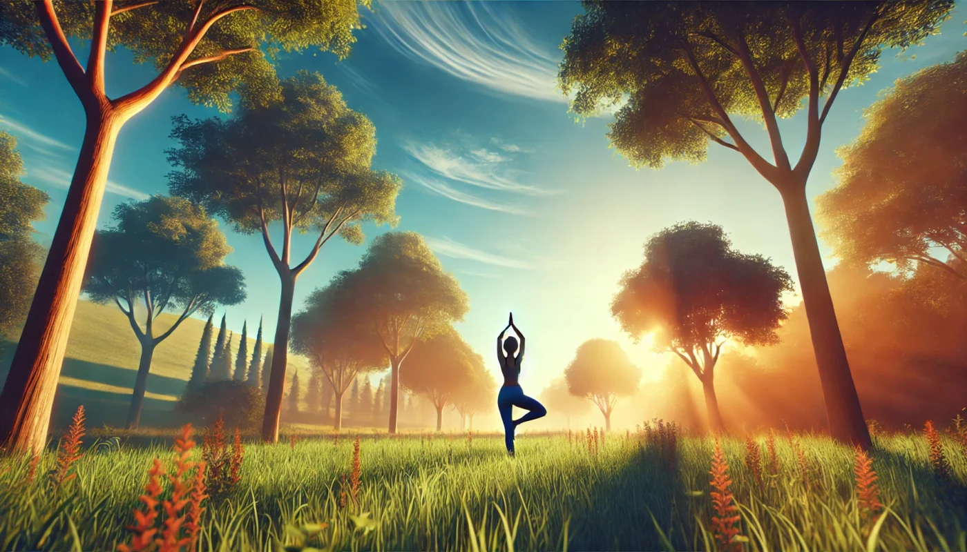 A vibrant, widescreen horizontal image of a person performing a tree pose yoga posture on a grassy field surrounded by tall trees and a clear blue sky. The serene natural setting emphasizes relaxation and stress management, ideal for promoting a healthy lifestyle.